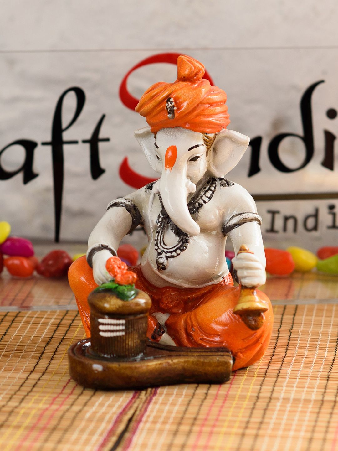 eCraftIndia Cream-Coloured  & Orange Ganesha Worshipping Lord Shiv Showpiece Price in India