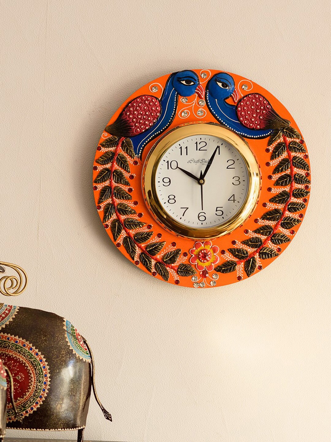 eCraftIndia Orange & Blue Handcrafted Round Textured Analogue Wall Clock Price in India