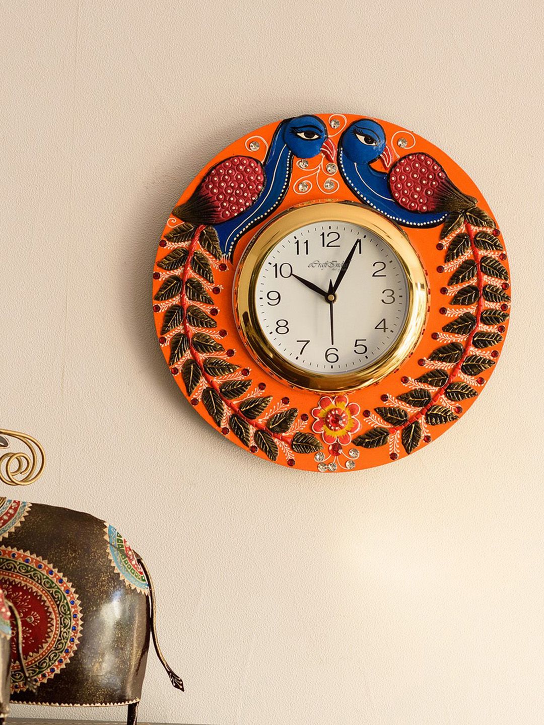 eCraftIndia Orange & Blue Handcrafted Round Textured Analogue Wall Clock Price in India