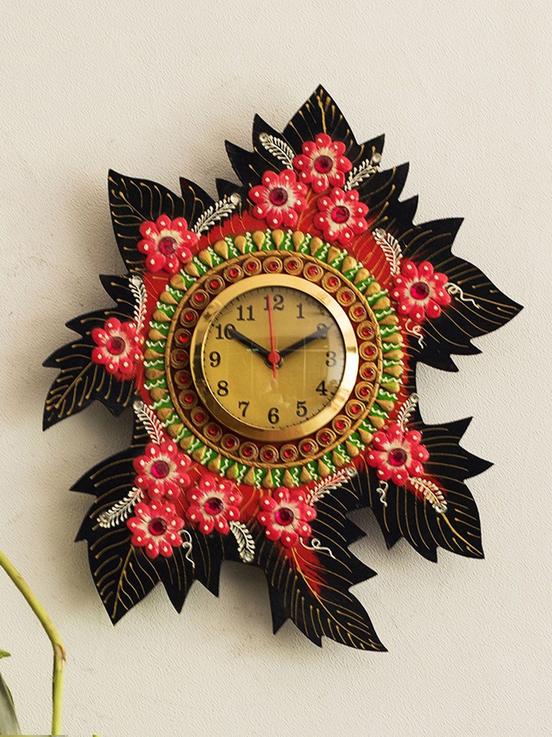 eCraftIndia Multicoloured Handcrafted Floral Embellished Analogue Wall Clock Price in India