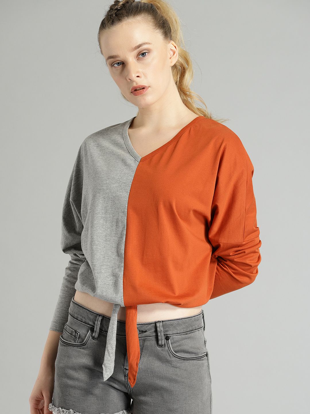 Roadster Women Grey & Orange Colourblocked Crop Top