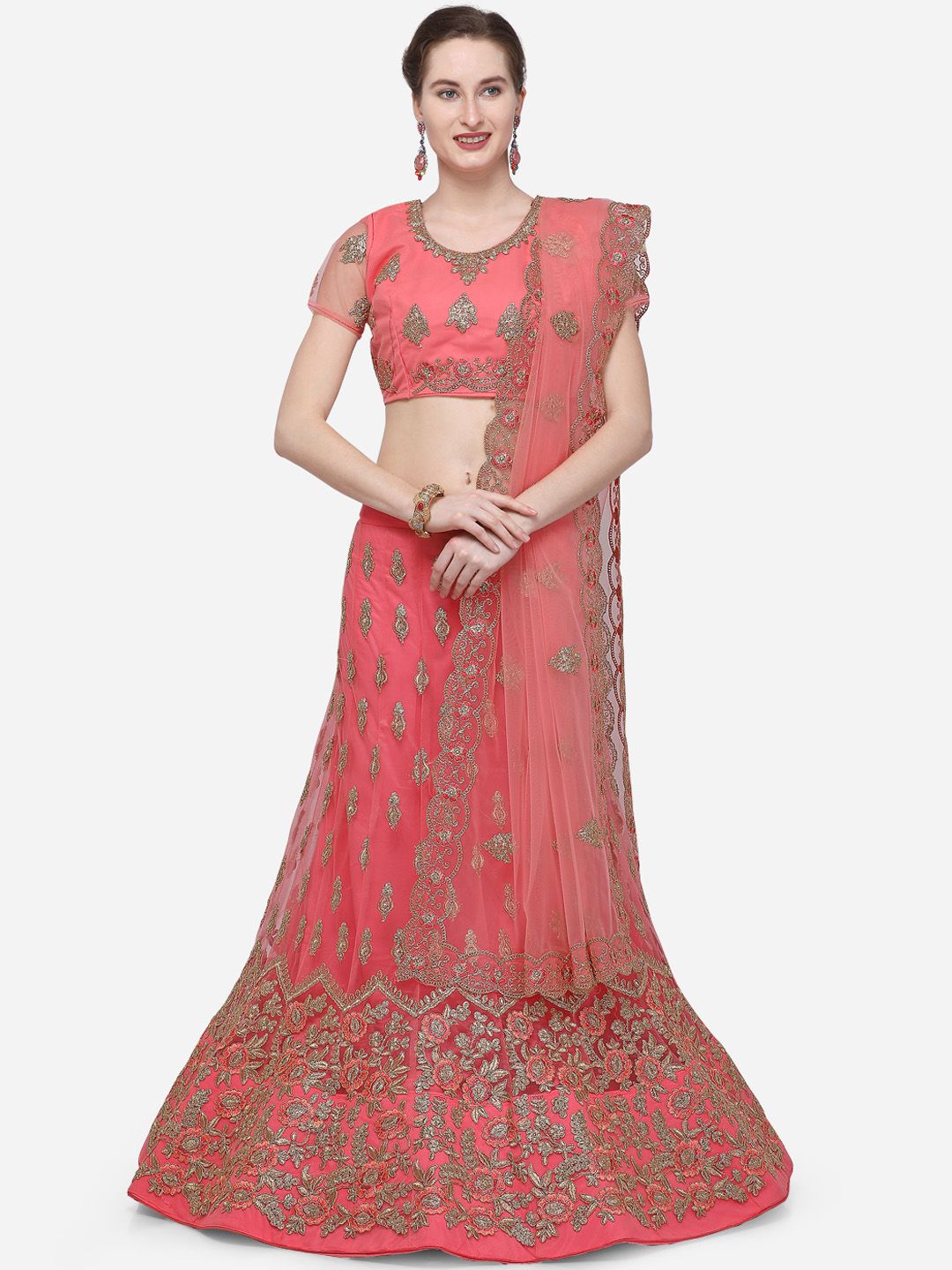 V SALES Women Pink Semi-Stitched Lehenga & Blouse with Dupatta Price in India