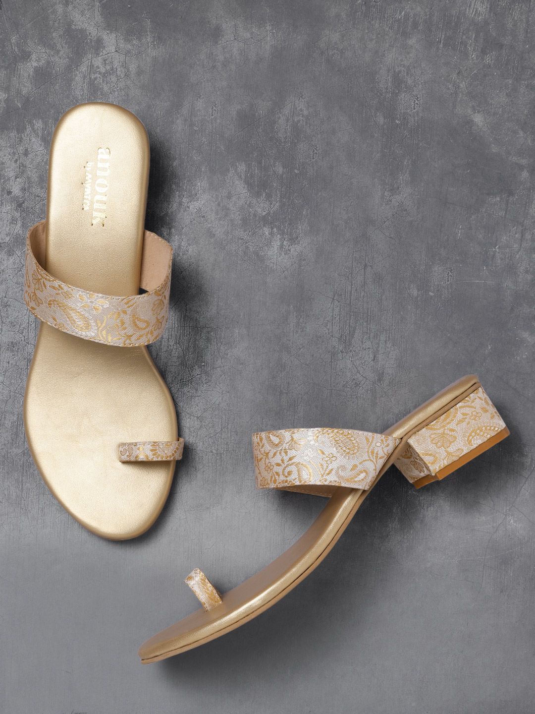 Anouk Women Beige & Gold-Toned Woven Design Heels Price in India