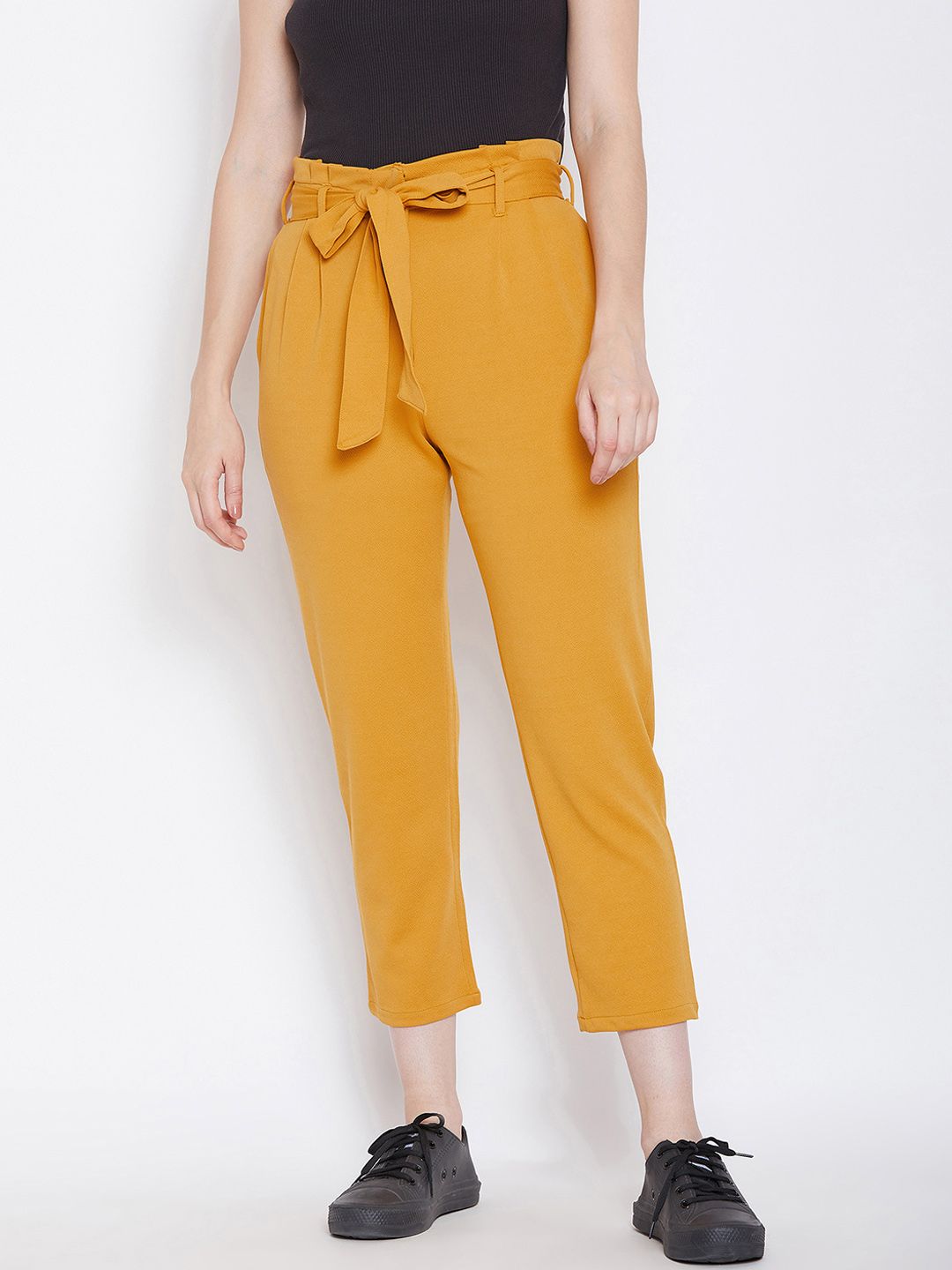 Zastraa Women Mustard Yellow Slim Fit Solid Peg Trousers Price in India