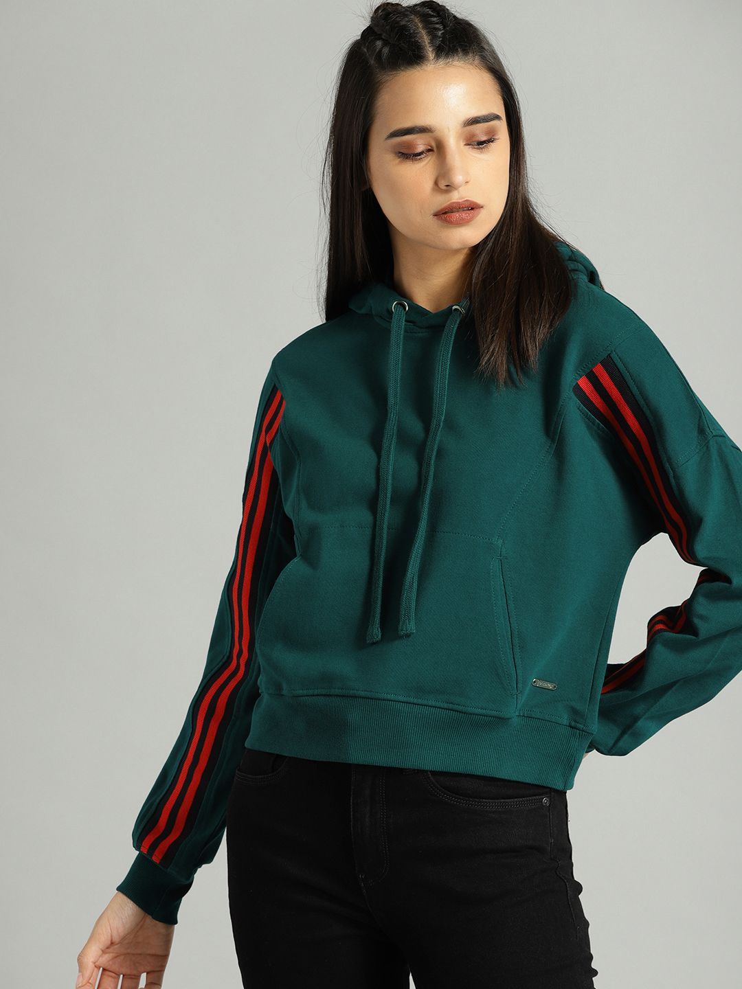The Roadster Lifestyle Co Women Green Solid Hooded Sweatshirt Price in India