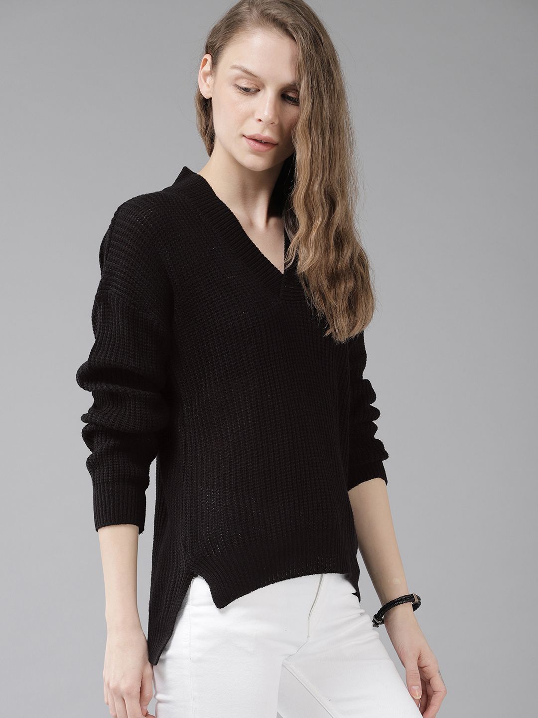 The Roadster Lifestyle Co Women Black Solid Sweater Price in India