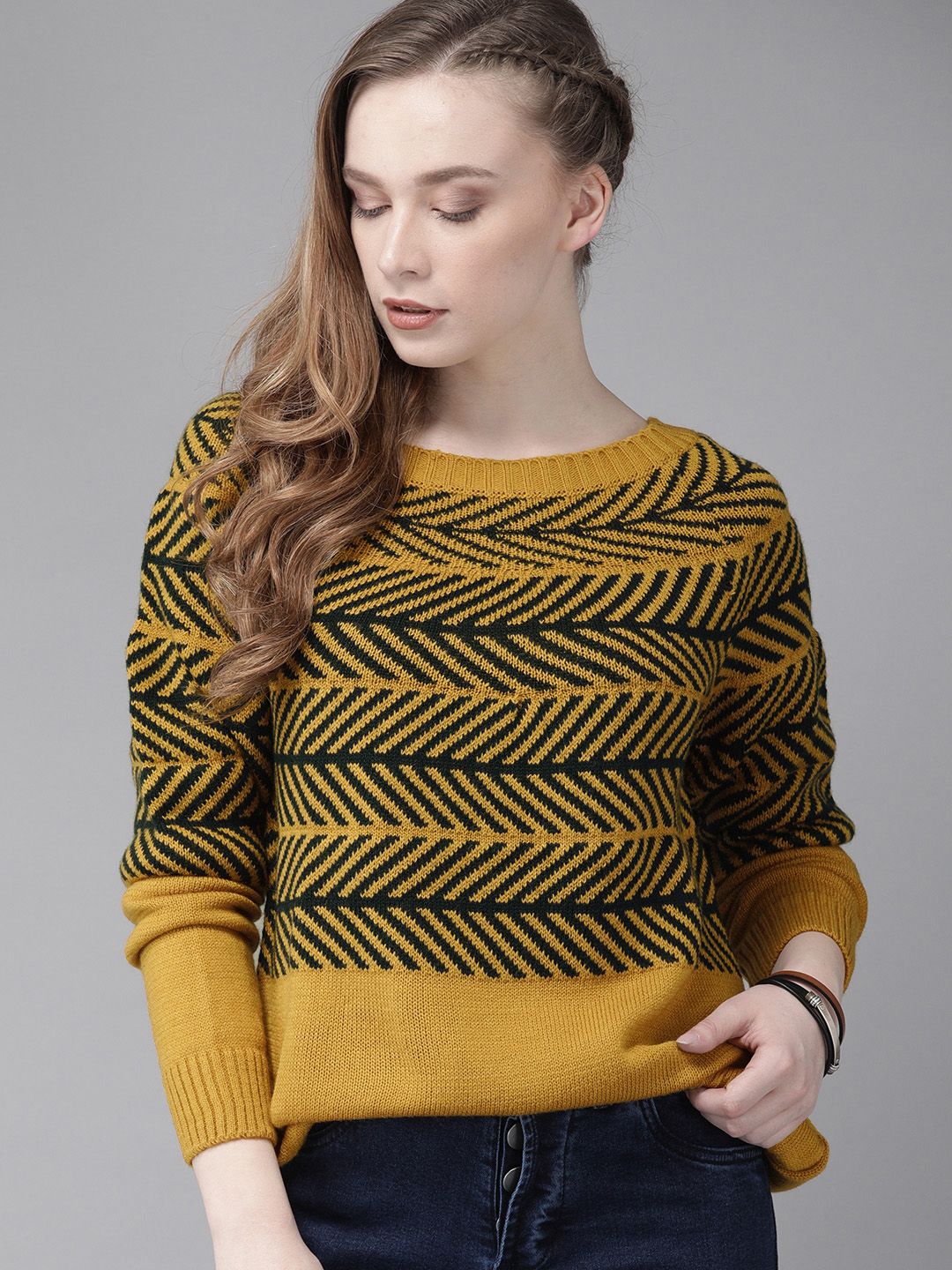 The Roadster Lifestyle Co Women Mustard Yellow & Teal Green Self Design Pullover Sweater Price in India