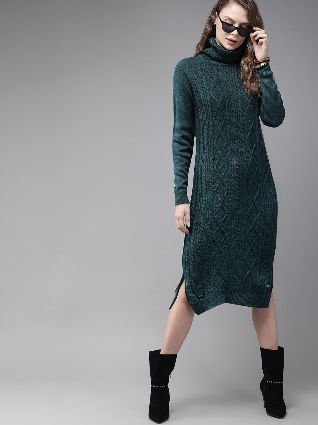 The Roadster Lifestyle Co Women Self Design Teal Green Sweater Dress Price in India