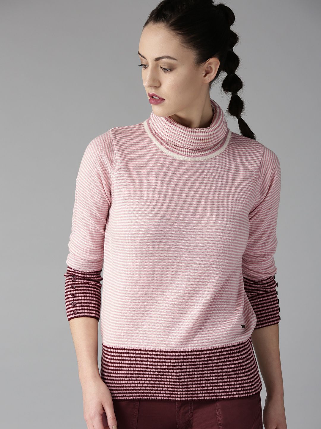 The Roadster Lifestyle Co Women Pink & Off-White Striped Sweater Price in India