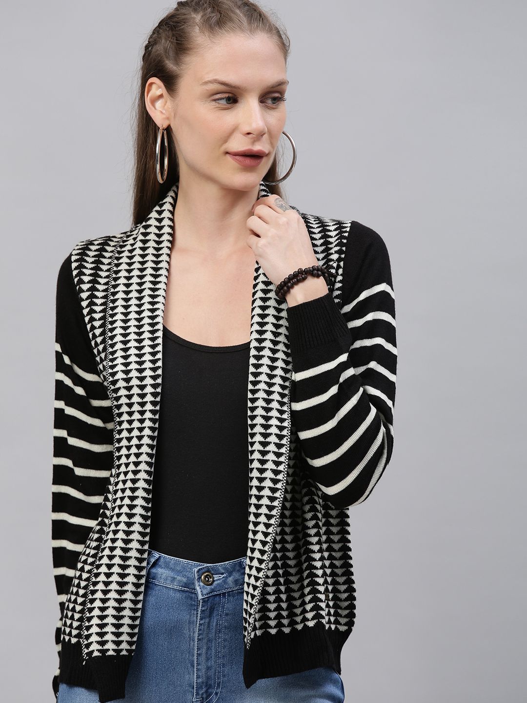 The Roadster Lifestyle Co Women Off-White & Black Self-Design Front Open Sweater Price in India