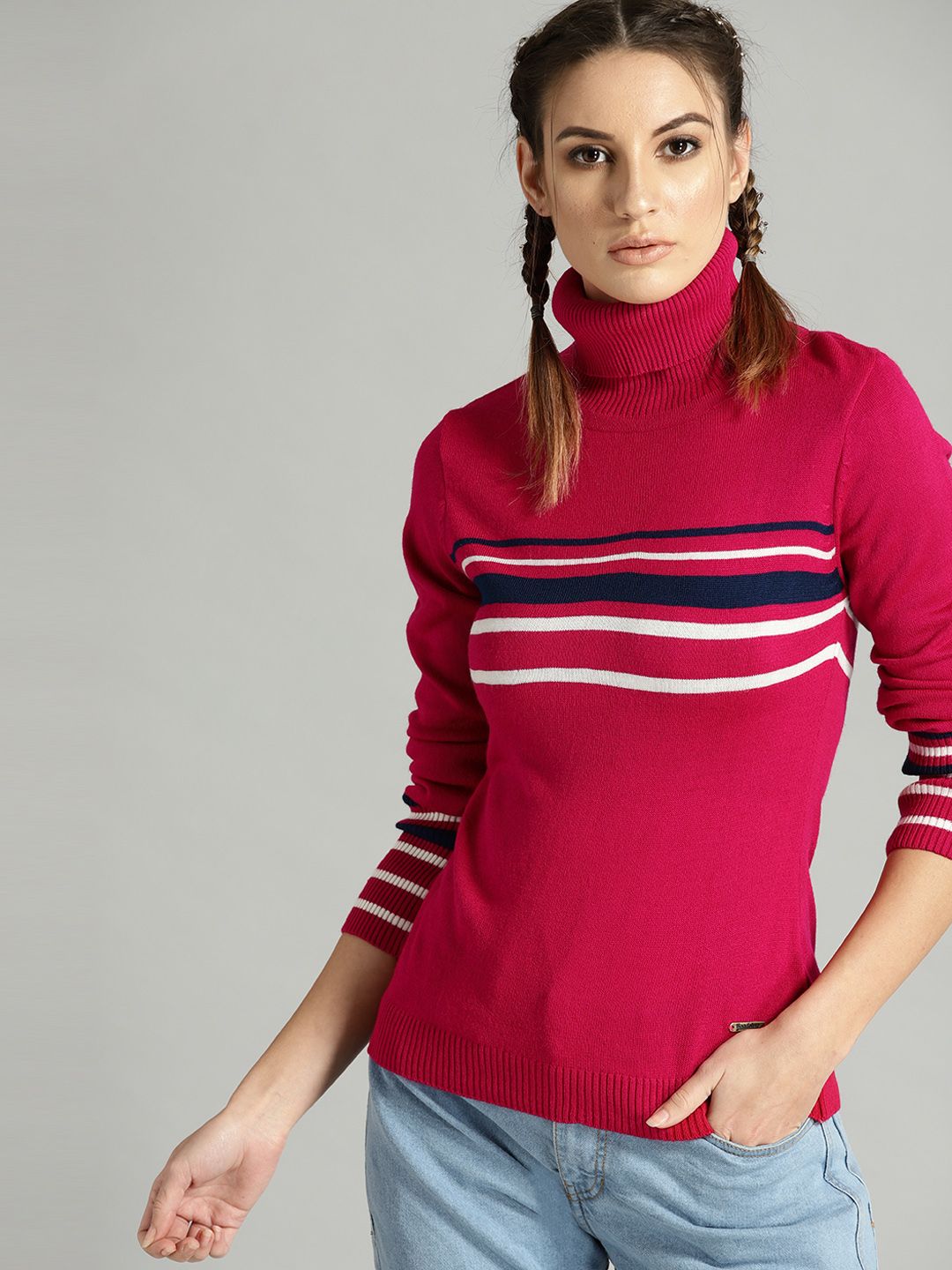The Roadster Lifestyle Co Women Magenta Striped Detail Sweater Price in India
