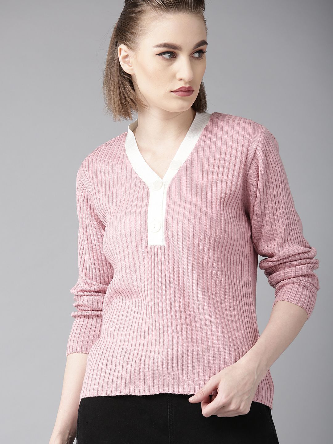 The Roadster Lifestyle Co Women Pink Ribbed Pullover Sweater Price in India