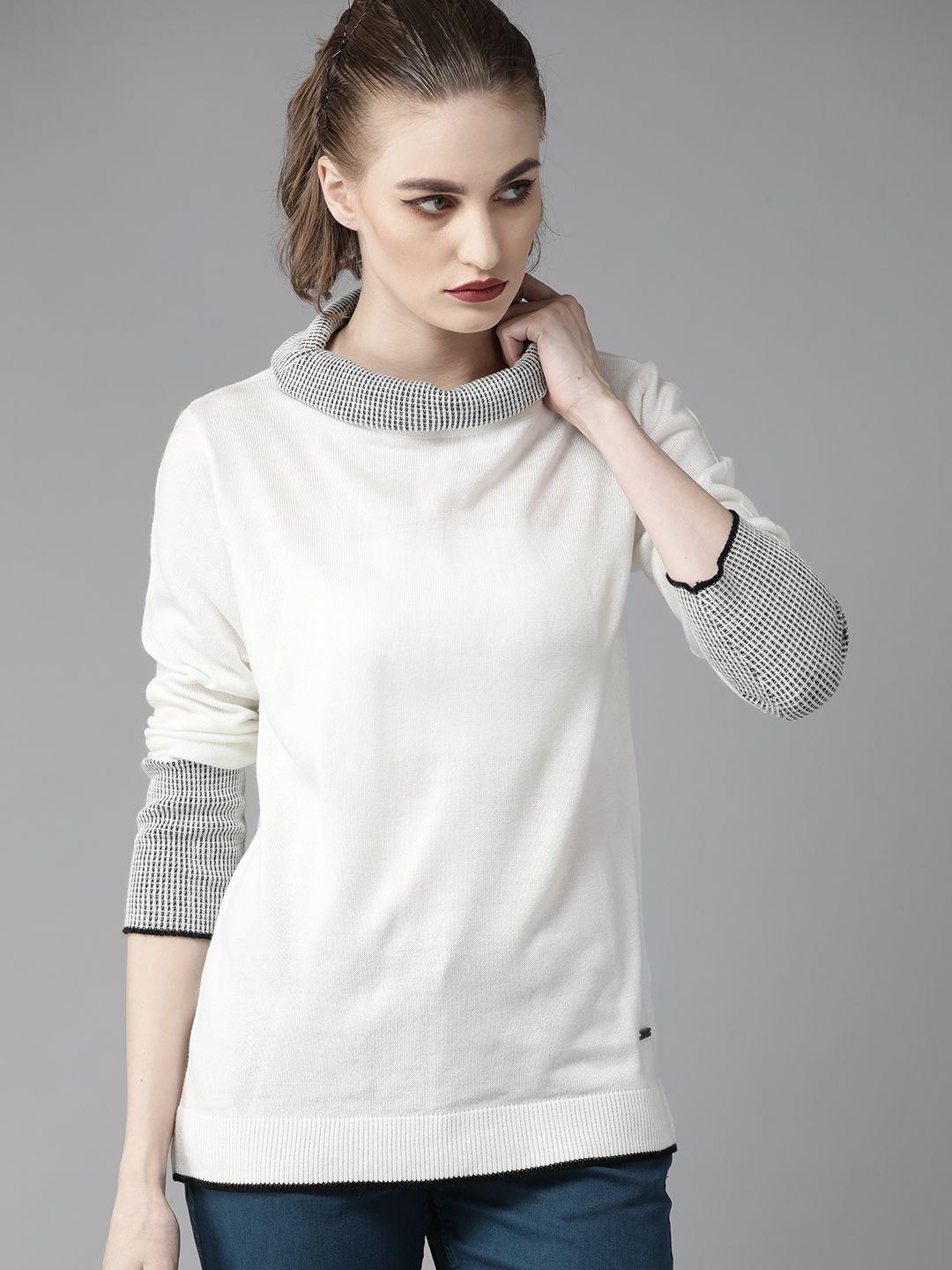 The Roadster Lifestyle Co Women Off-White Solid Pullover Sweater Price in India