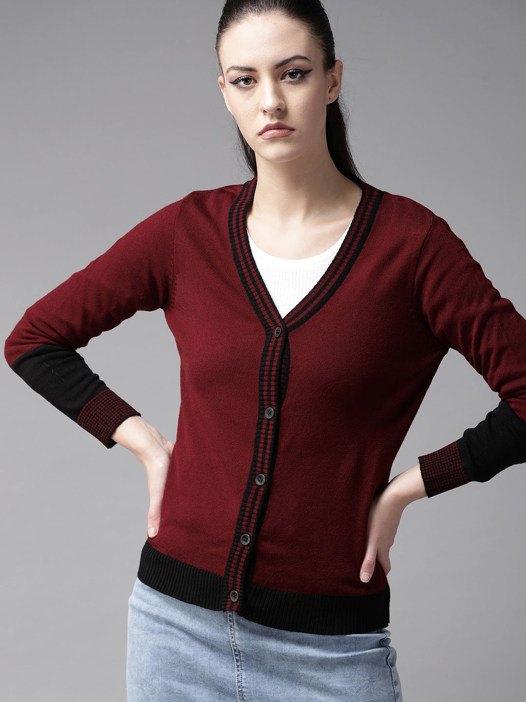 The Roadster Lifestyle Co Women Maroon Solid Cardigan Price in India