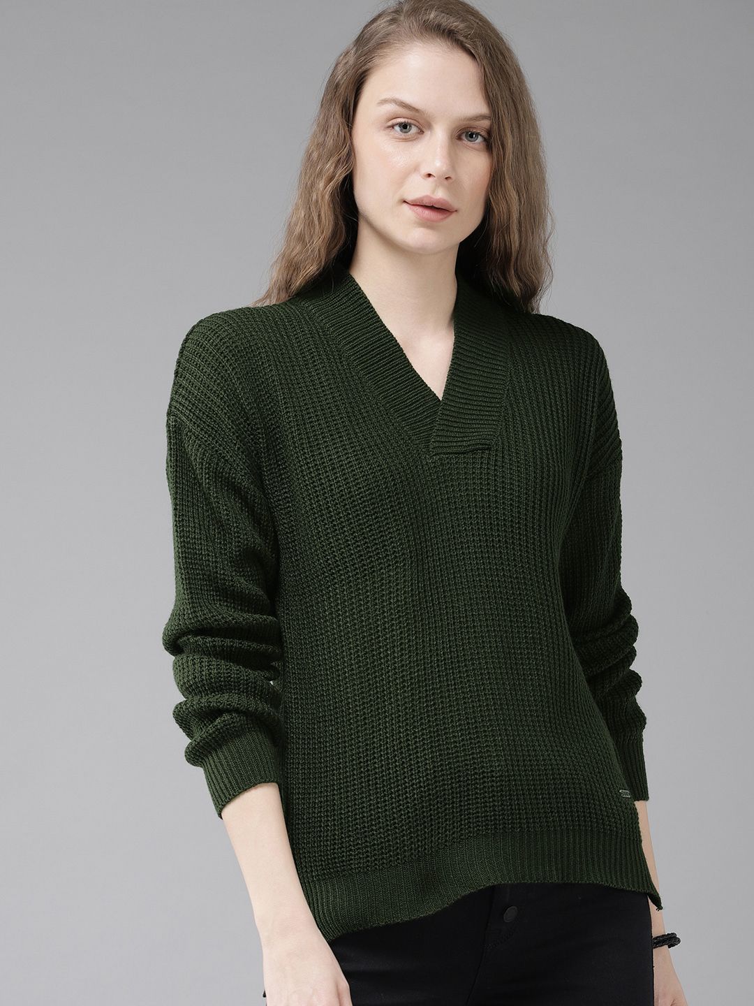 The Roadster Lifestyle Co Women Green Solid Sweater Price in India