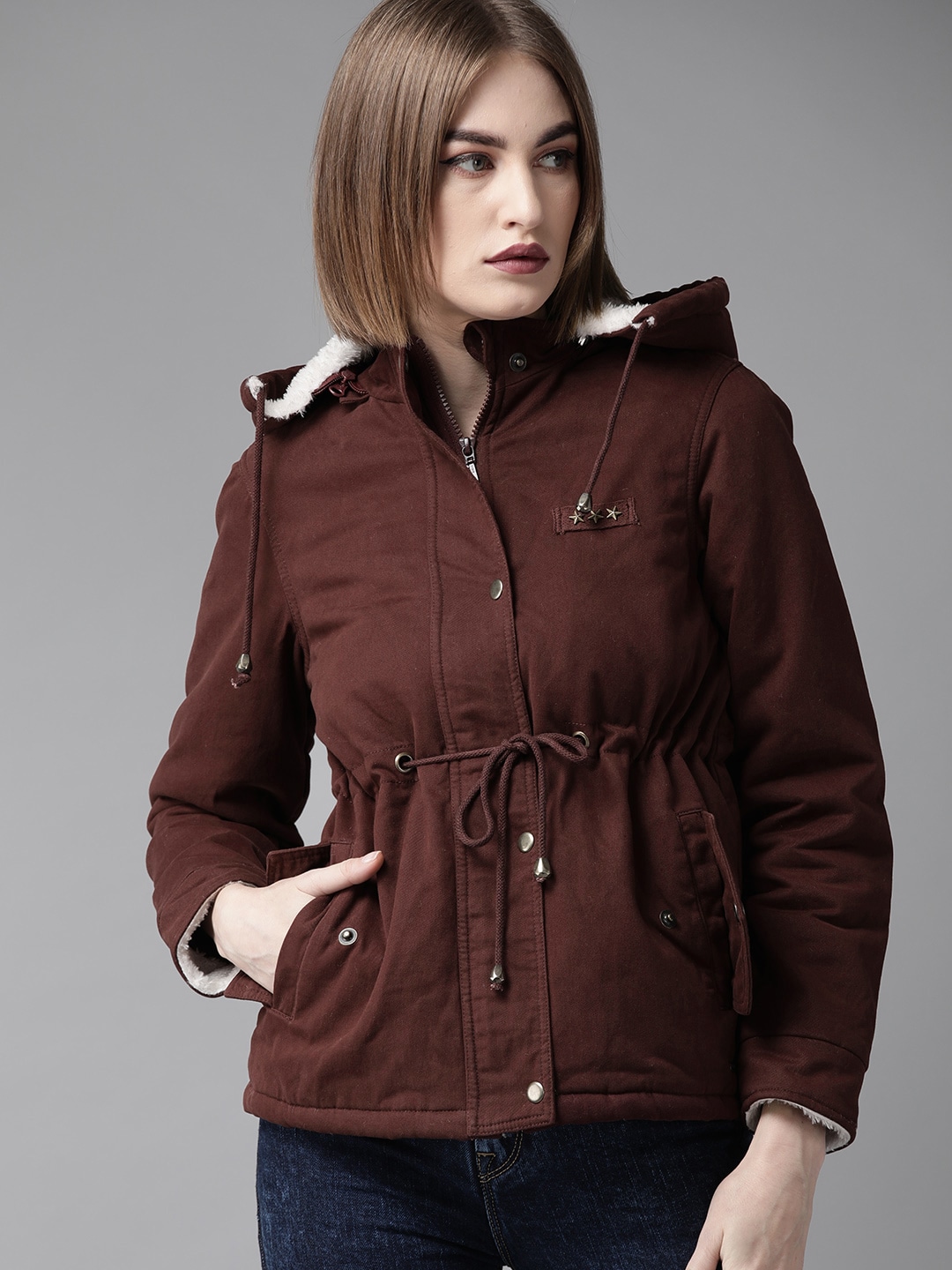 The Roadster Lifestyle Co Women Burgundy Solid Padded Jacket Price in India