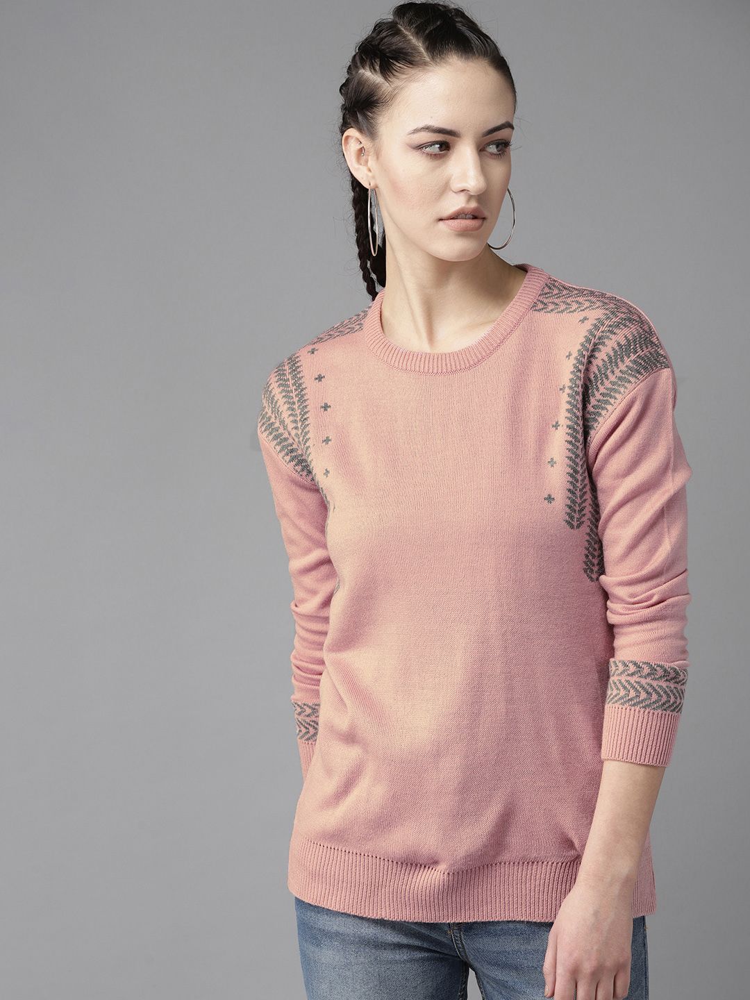 The Roadster Lifestyle Co Women Pink & Grey Solid Sweater Price in India