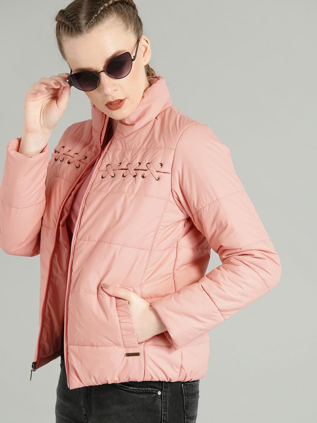 The Roadster Lifestyle Co Women Peach-Coloured Solid Puffer Jacket Price in India