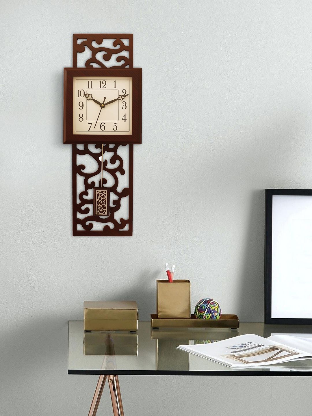 eCraftIndia Brown Handcrafted Square Textured Analogue Wall Clock Price in India