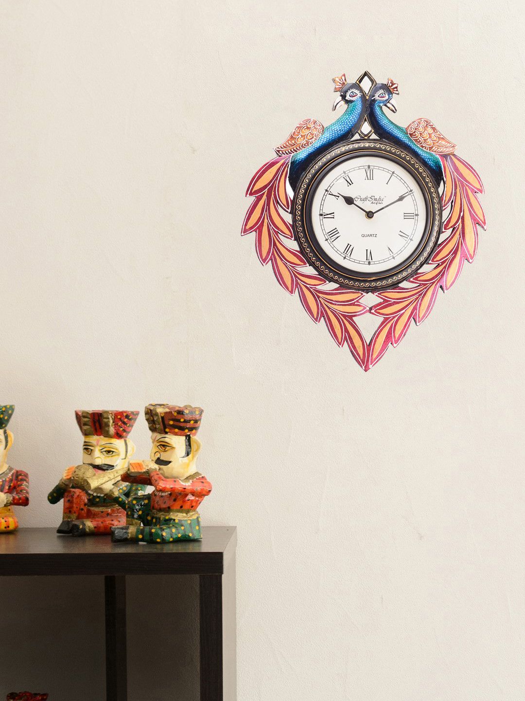 eCraftIndia Red & Blue Handcrafted Floral Textured Analogue Wall Clock Price in India