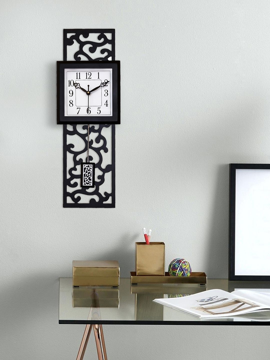 eCraftIndia White & Black Handcrafted Rectangle Solid Analogue Wall Clock Price in India