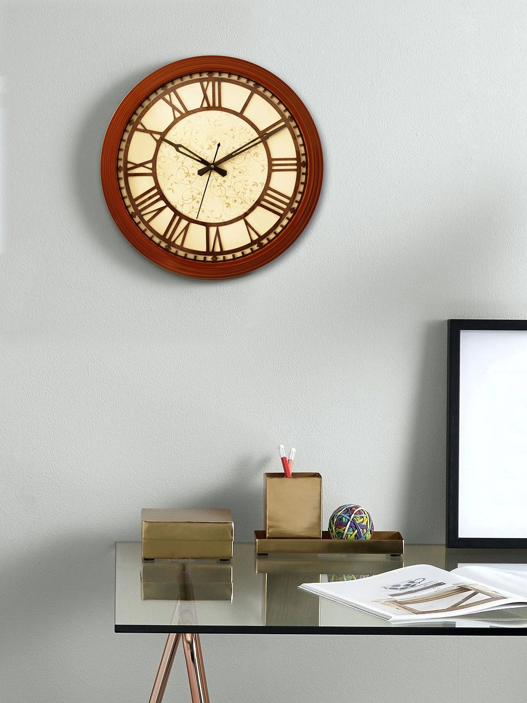 eCraftIndia Brown Handcrafted Round Printed Analogue Wall Clock Price in India