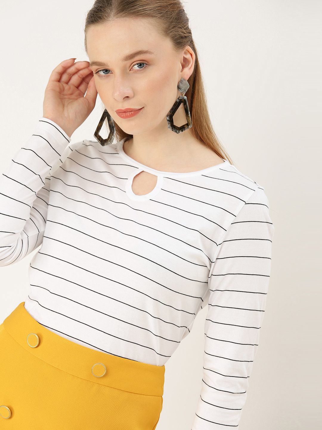 DressBerry Women White & Black Striped Pure Cotton Top