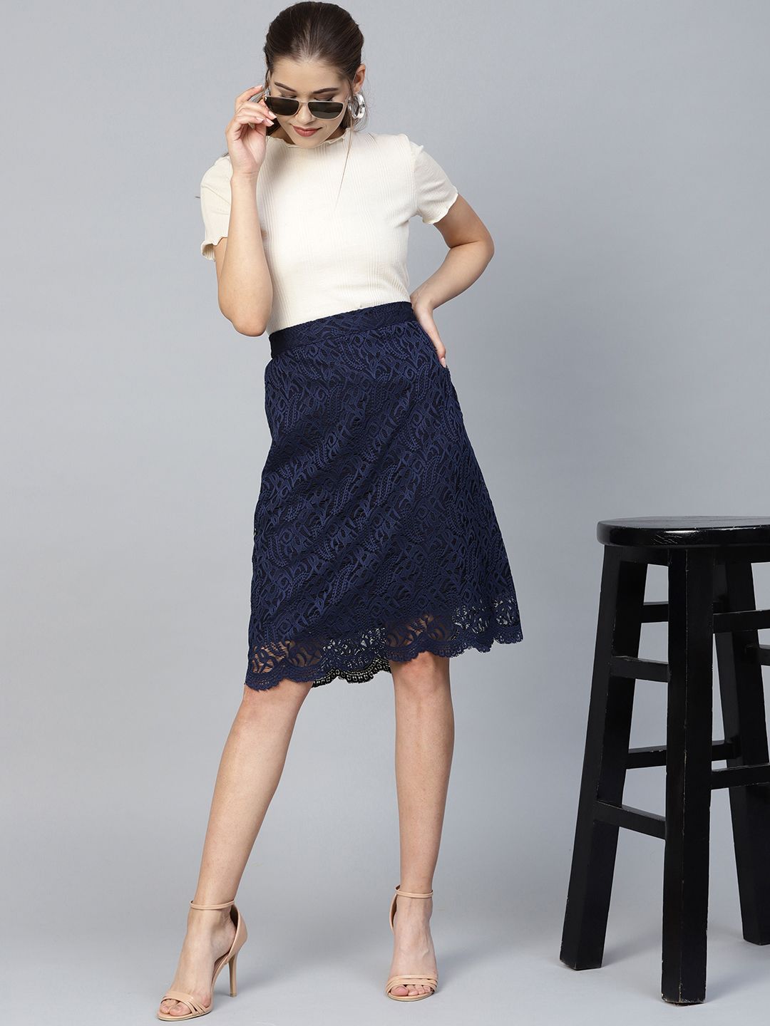 Athena Women Navy Blue Lace A-Line Skirt