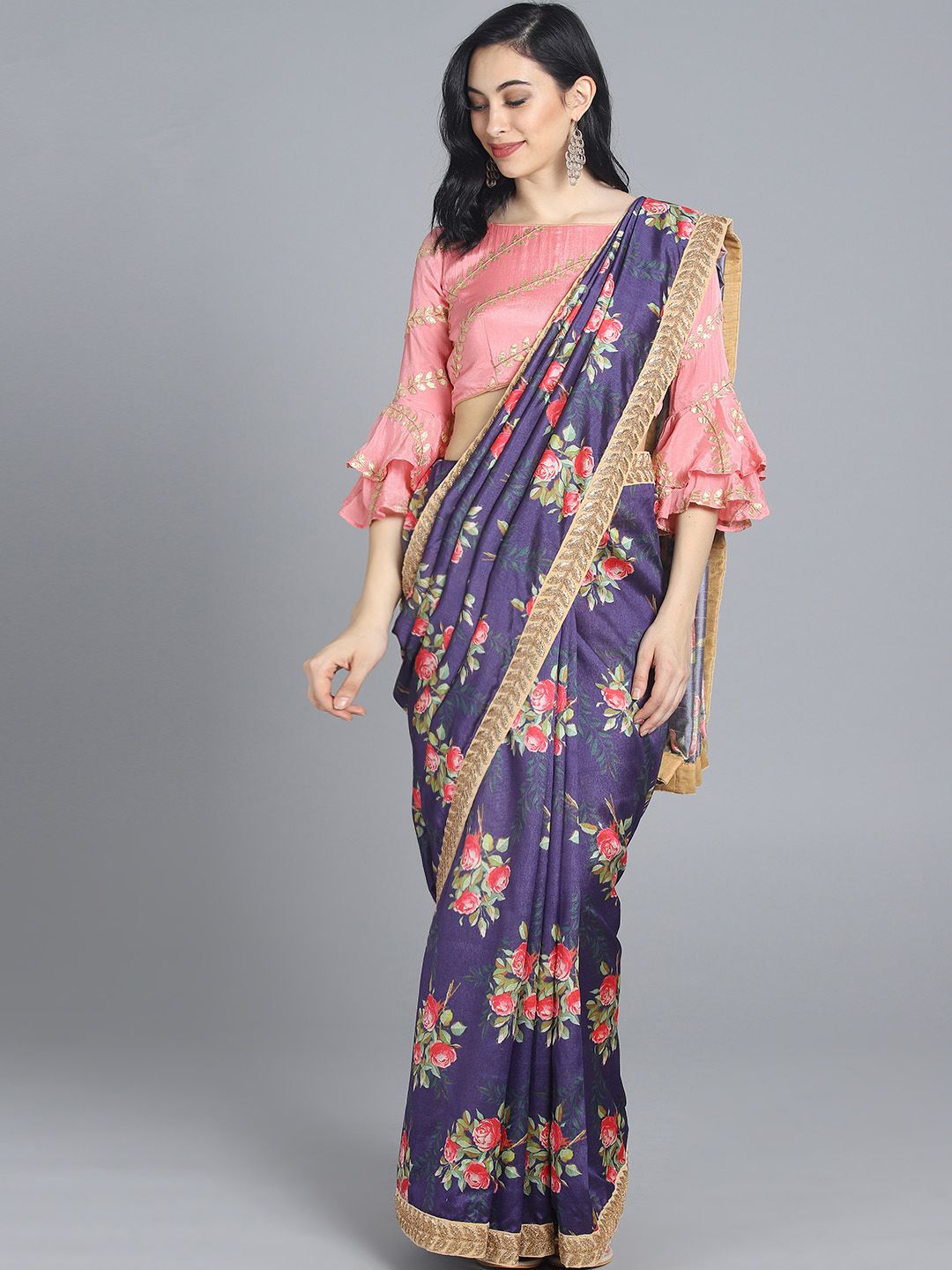 EthnoVogue Blue & Pink Custom Made Digital Printed Saree with Stitched Blouse Price in India