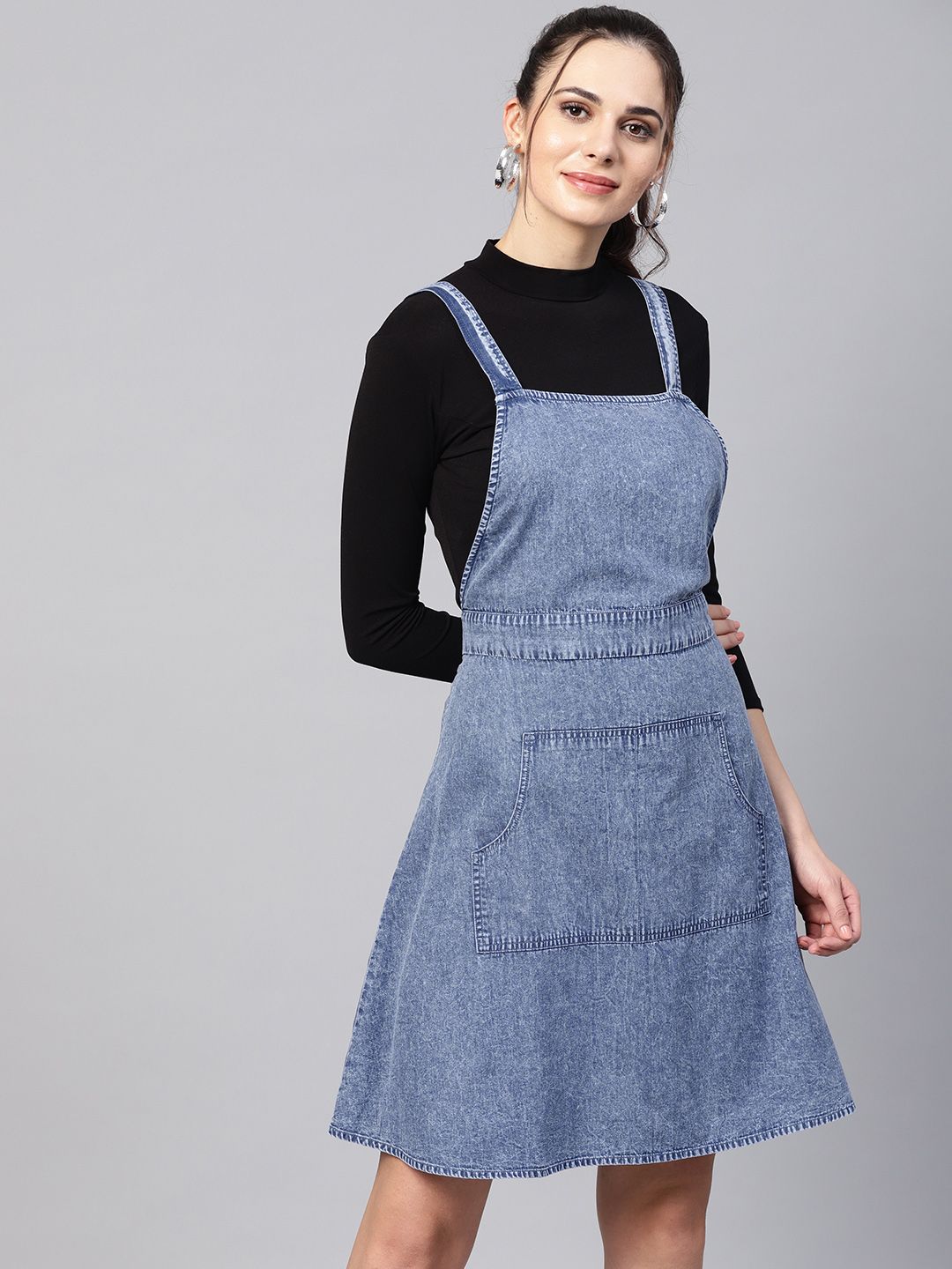 SASSAFRAS Women Blue Chambray Solid Pinafore Dress Price in India