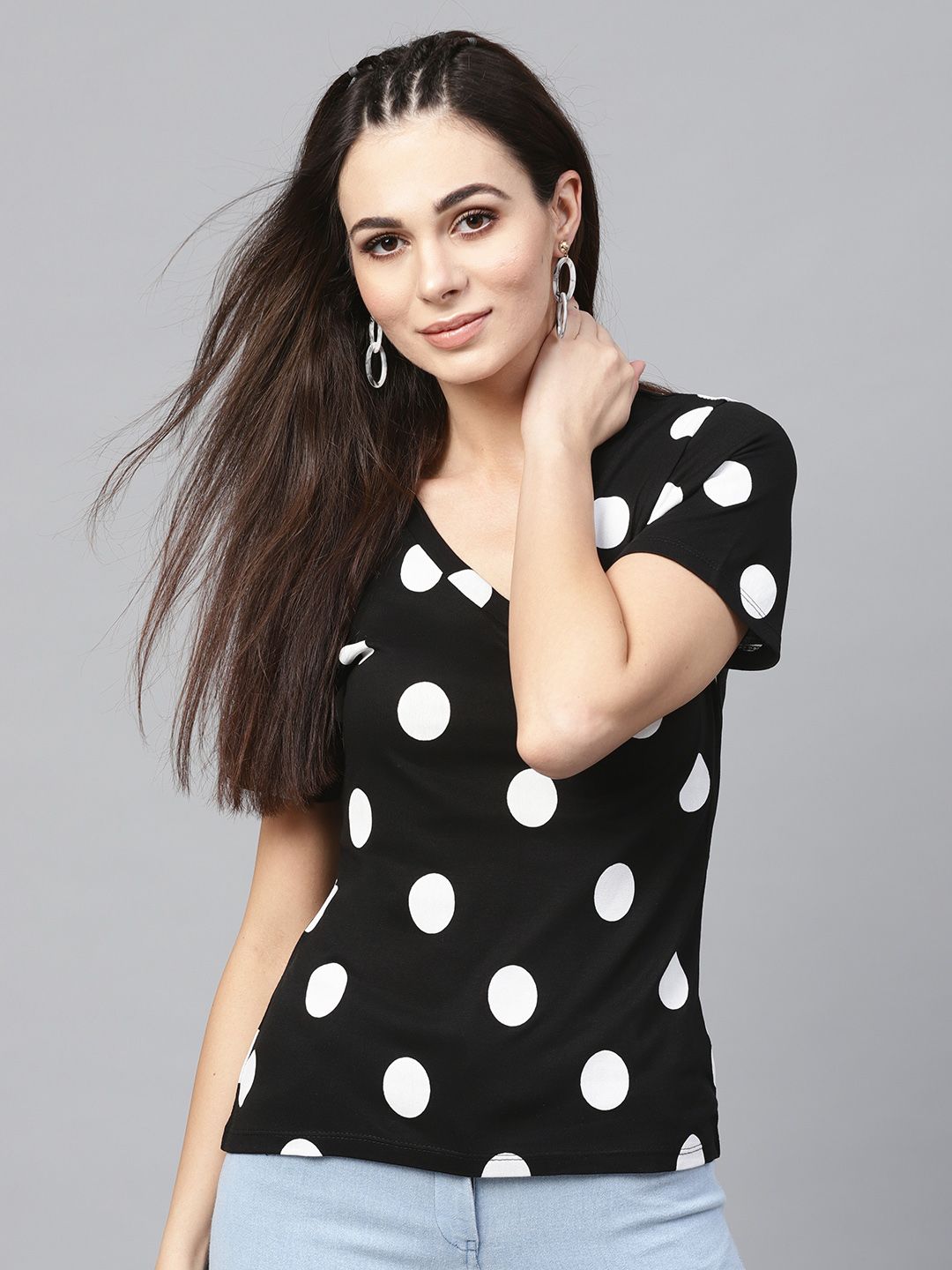 SASSAFRAS Women Black Polka Dot Print V-Neck T-shirt