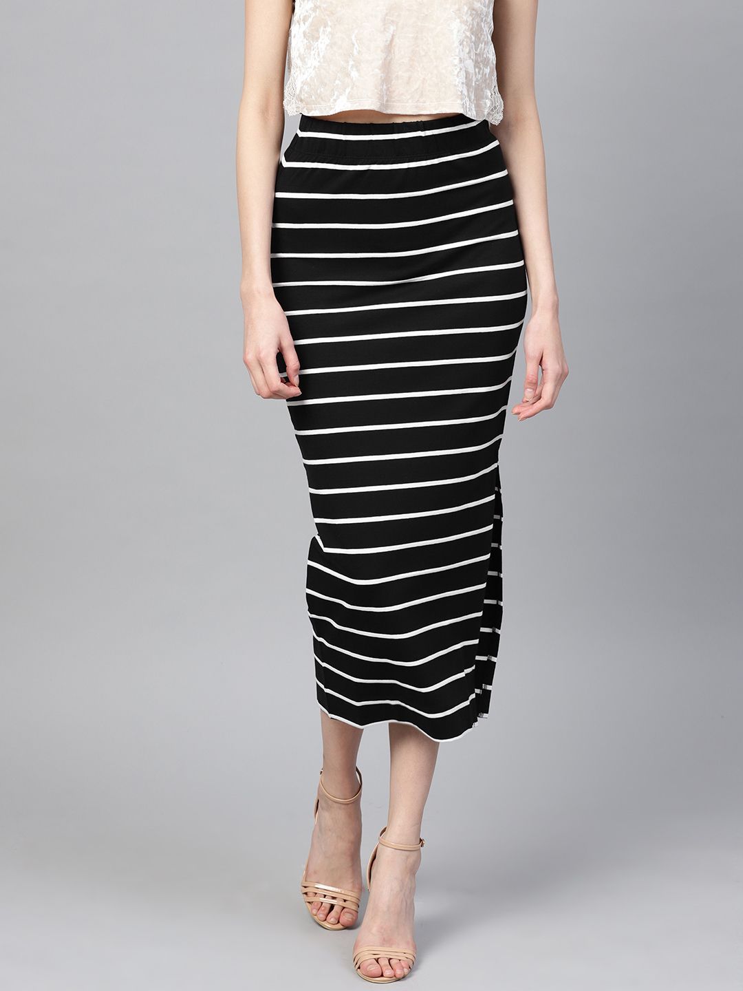 SASSAFRAS Black & White Striped Pencil Skirt Price in India