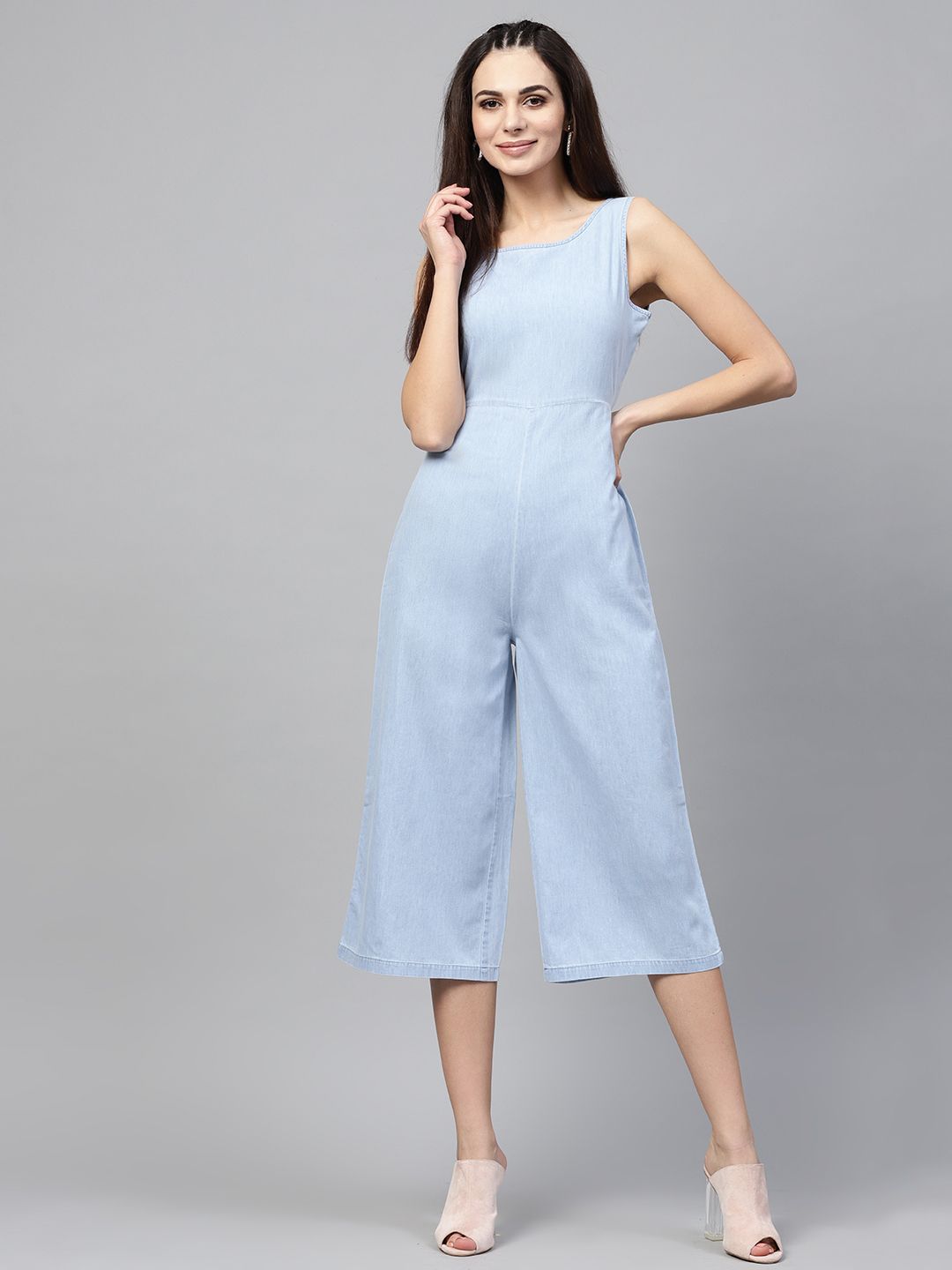 SASSAFRAS Blue Solid Denim Styled Back Culotte Jumpsuit Price in India