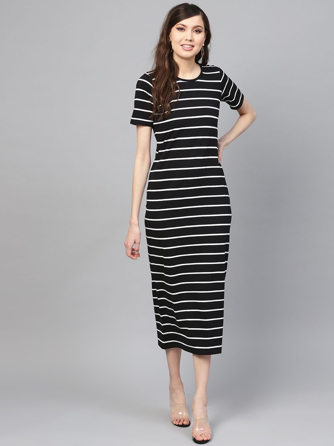 SASSAFRAS Black & White Striped T-shirt Dress Price in India