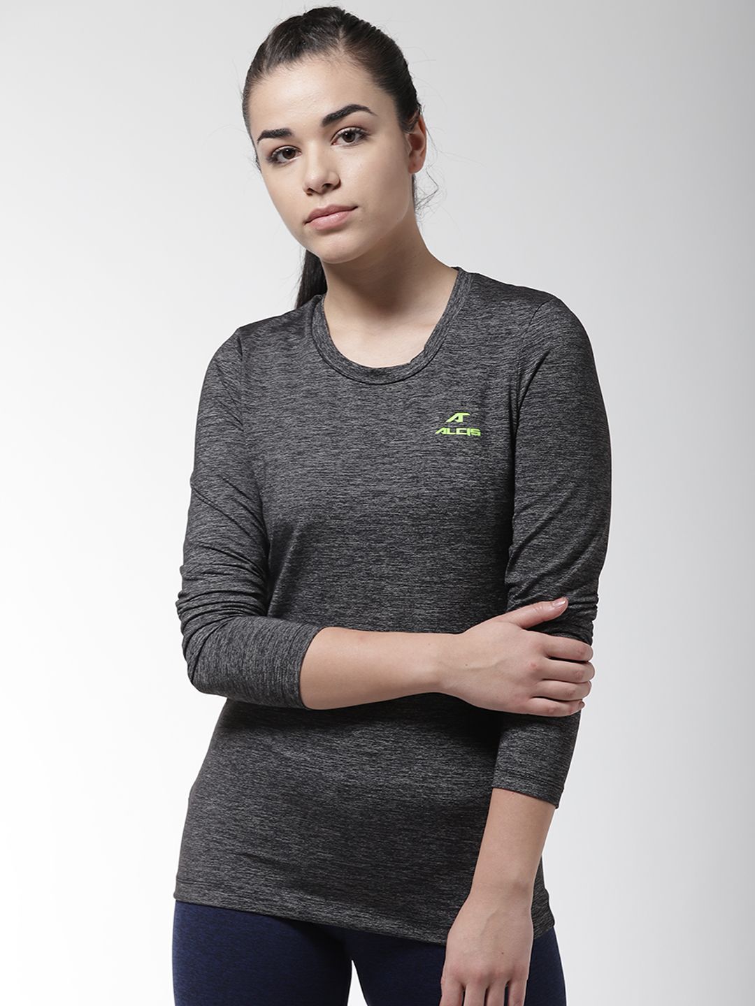 Alcis Women Charcoal Grey Solid Round Neck T-shirt Price in India