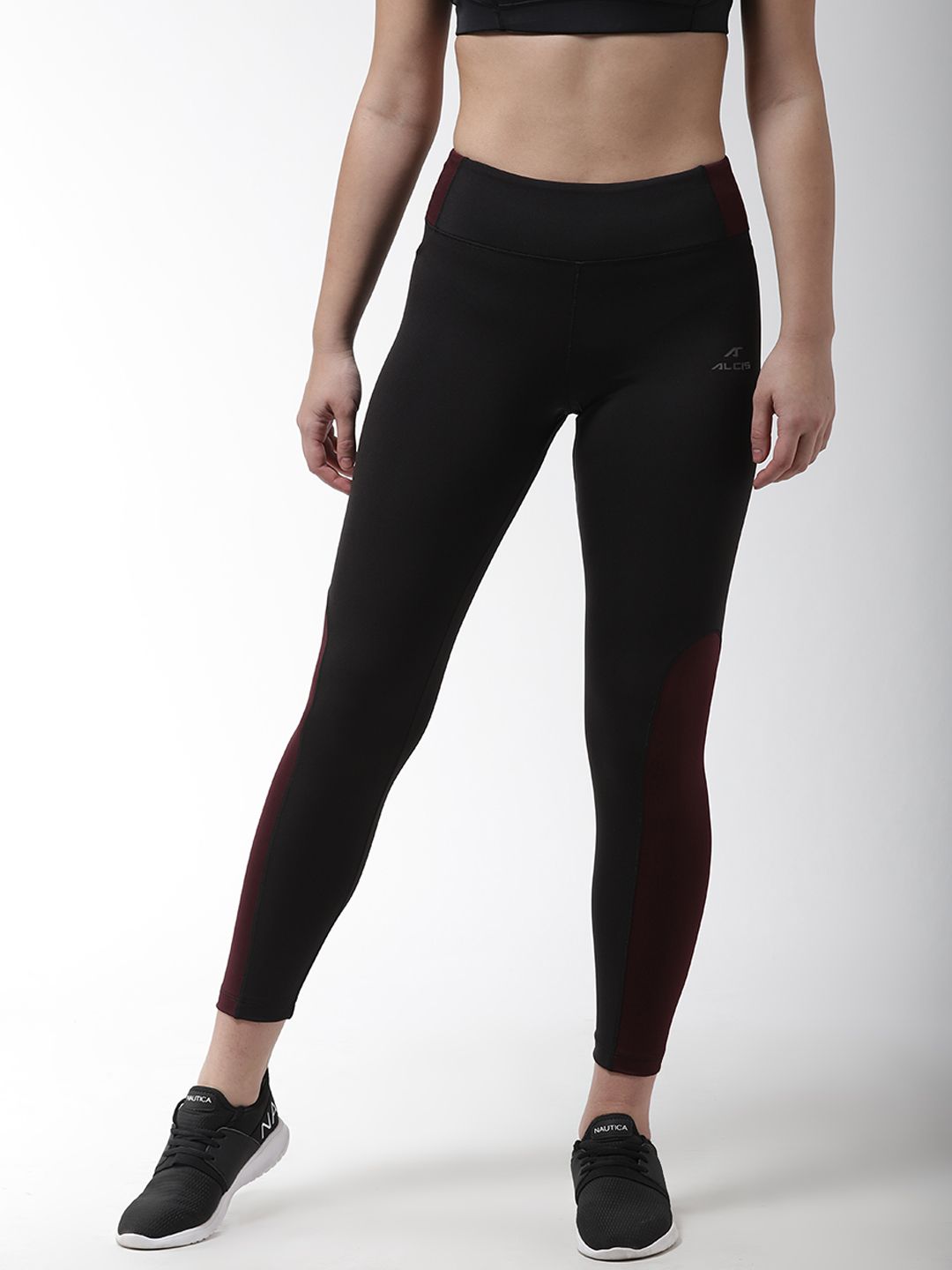 Alcis Women Black & Burgundy Colourblocked Training Tights Price in India