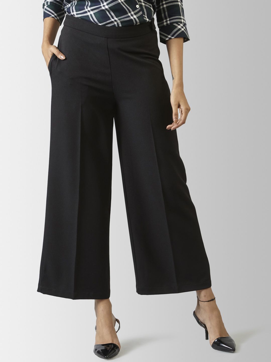 FableStreet Women Black Flared Solid Parallel Trousers Price in India