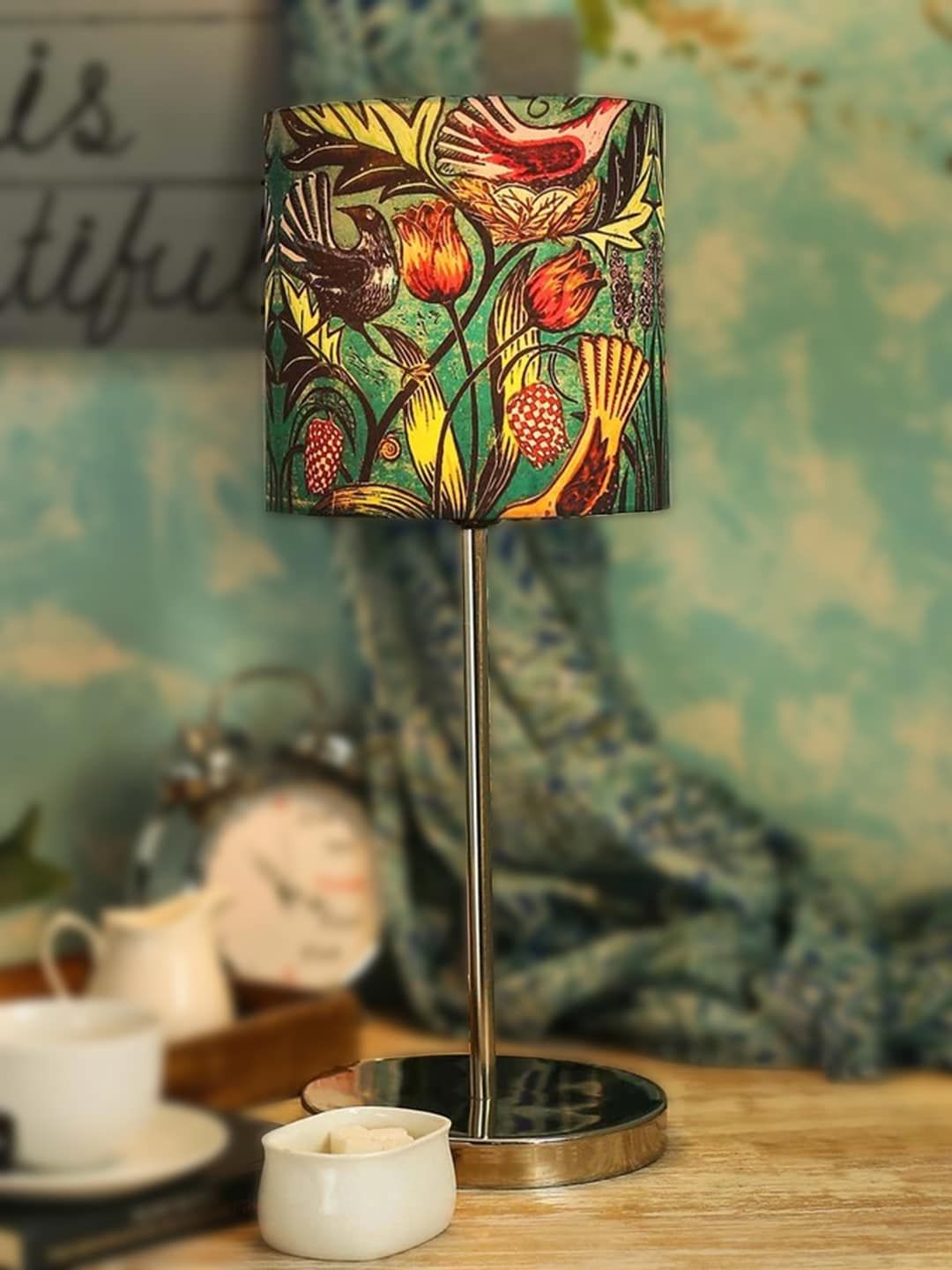 green girgit Steel-Coloured & Red Printed Buffet Lamp with Shade Price in India