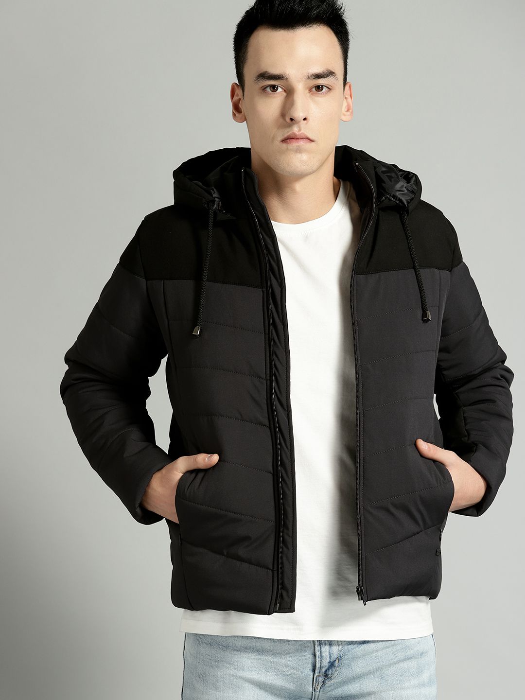 Roadster Men Charcoal Grey  Black Colourblocked Padded Jacket