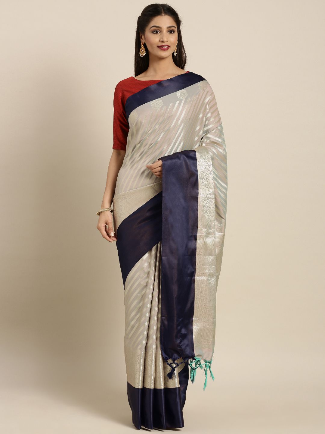 Varkala Silk Sarees Grey & Navy Blue Silk Blend Woven Design Kanjeevaram Saree Price in India
