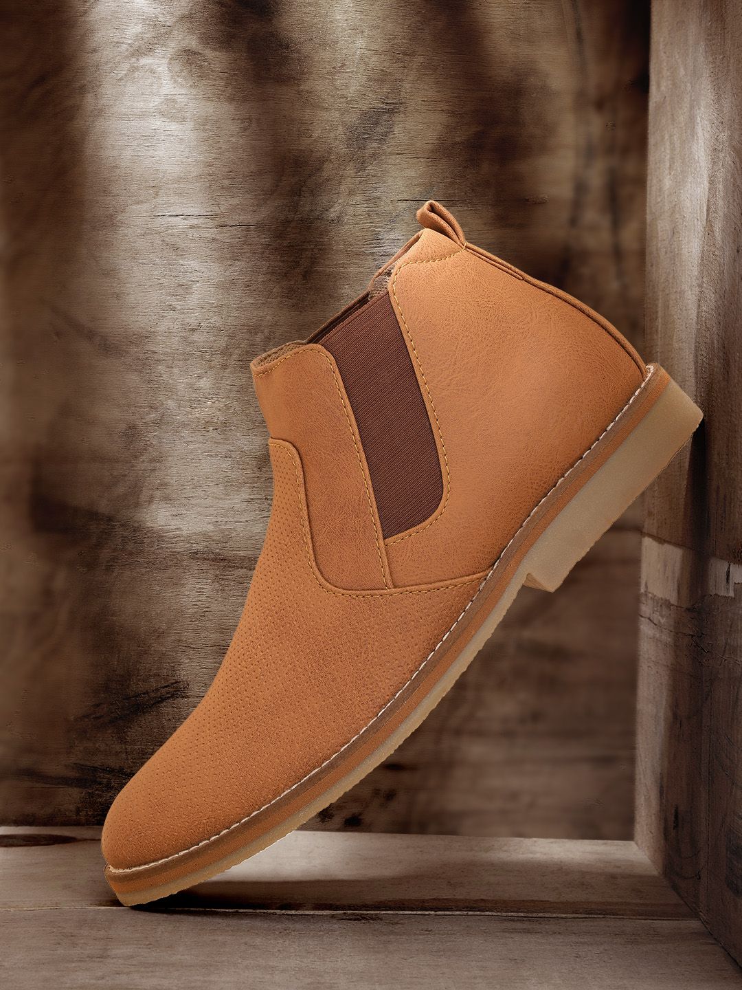 The Roadster Lifestyle Co Men Tan Brown Perforated Mid-Top Flat Boots