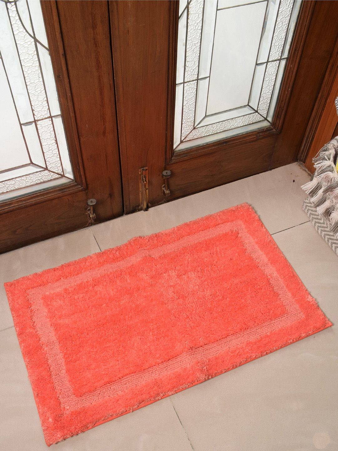 Avira Home Coral Orange Solid 1800GSM Microfiber Chennile Anti Slip Doormat with Rubber Backing Price in India