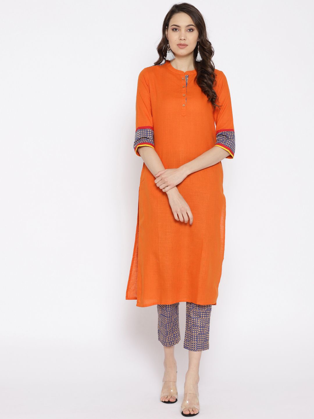 Sangria Women Orange & Navy Blue Solid Kurta with Trousers Price in India