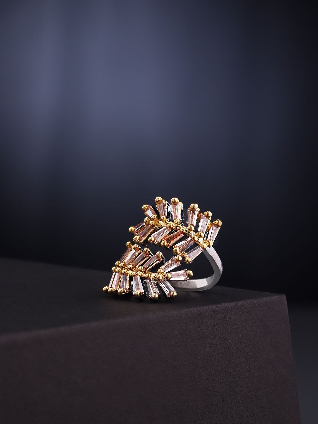 Priyaasi Silver-Plated & Gold-Toned CZ Studded Leaf Shaped Adjustable Ring Price in India