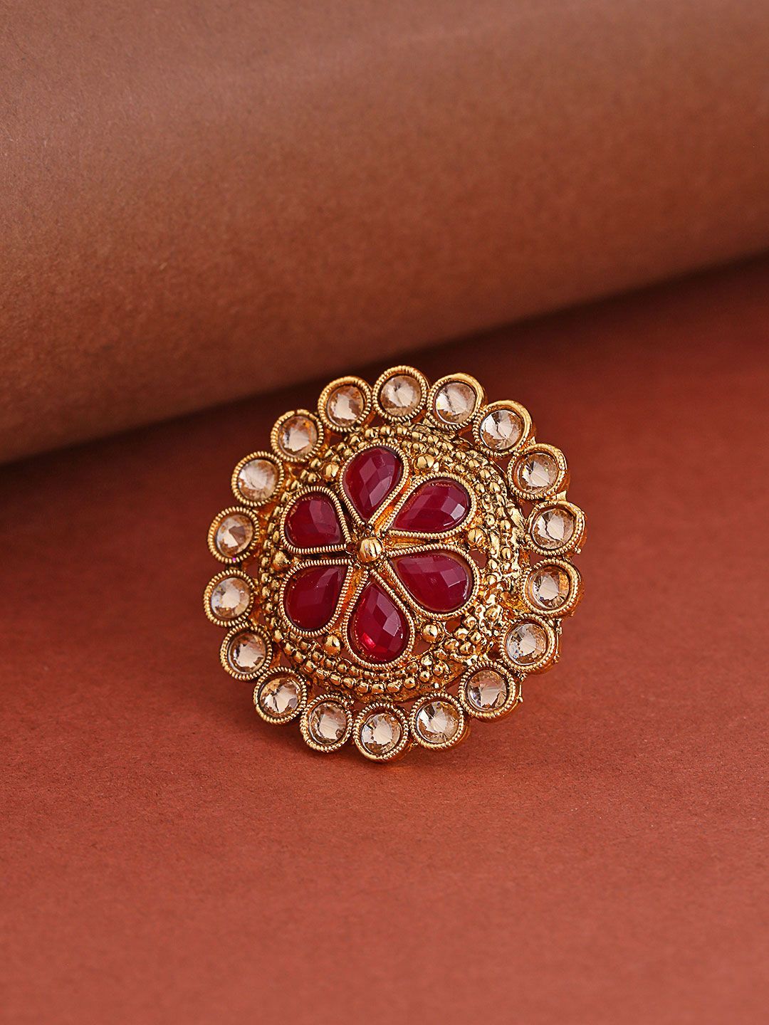 Priyaasi Pink Gold-Plated Kundan Studded Handcrafted Adjustable Finger Ring Price in India