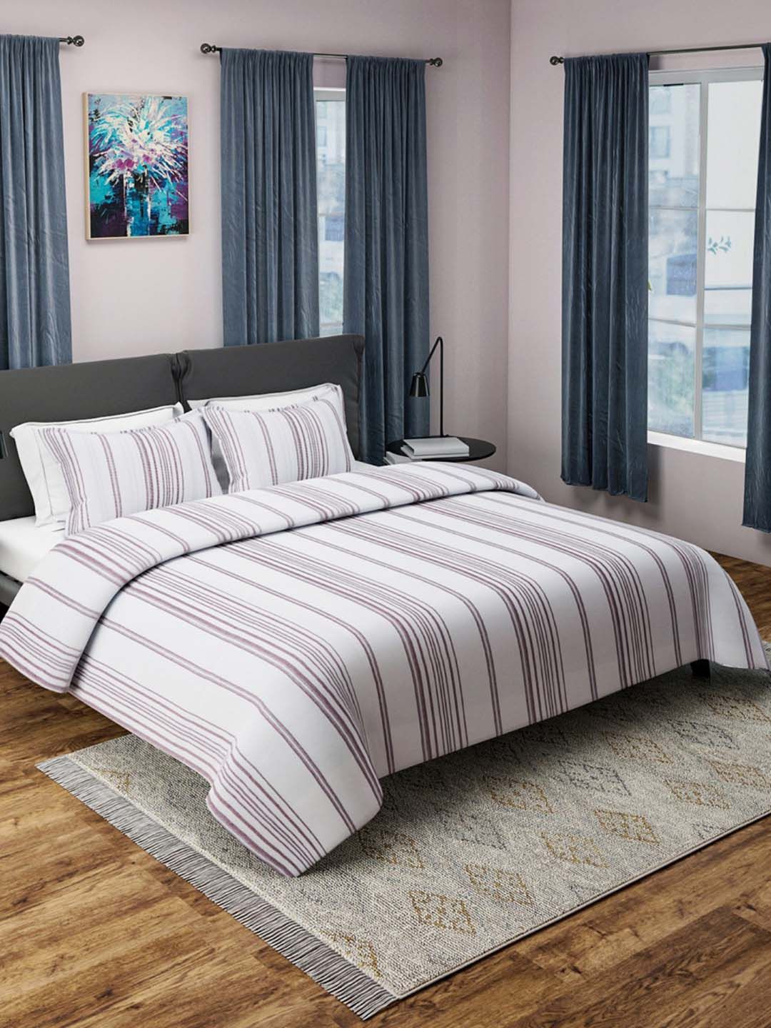 ROMEE White & Red Cotton Striped Double Bed Cover Price in India