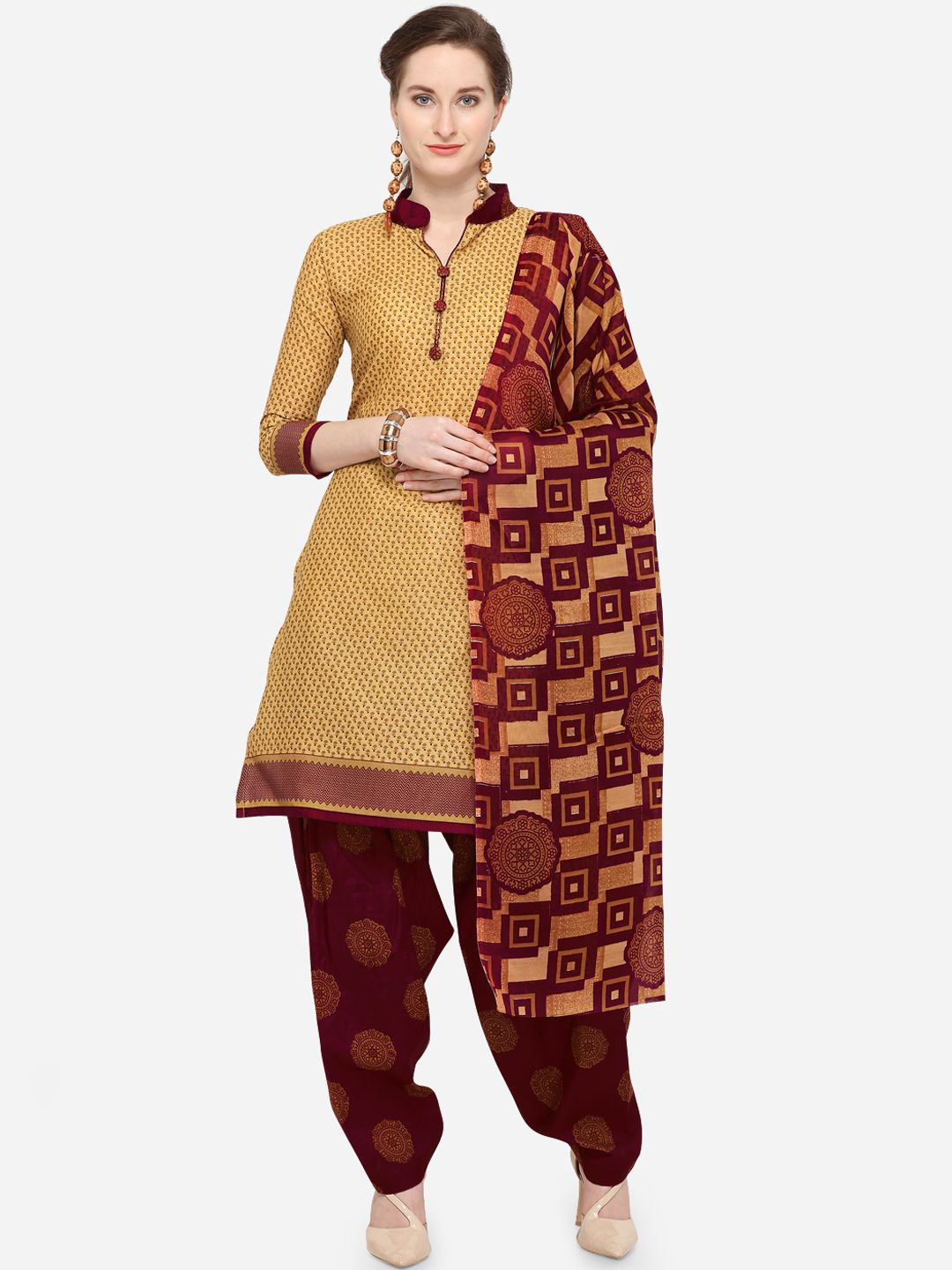 Rajnandini Beige & Maroon Cotton Blend Unstitched Dress Material Price in India