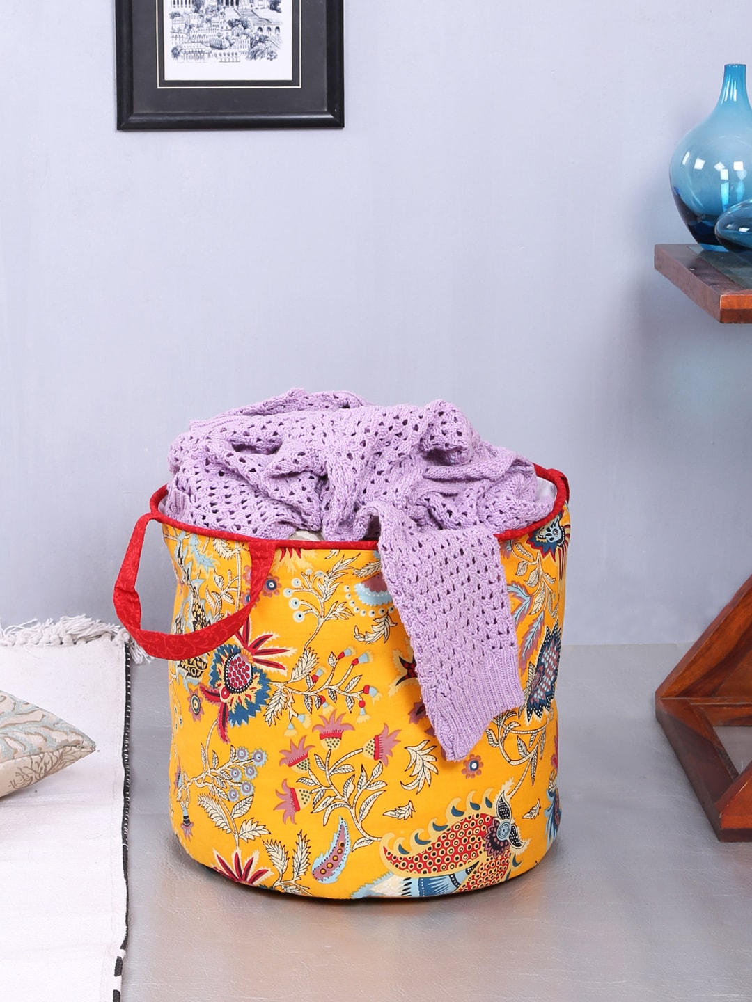 Rajasthan Decor Yellow & Multicoloured Printed Foldable Laundry Bag Price in India