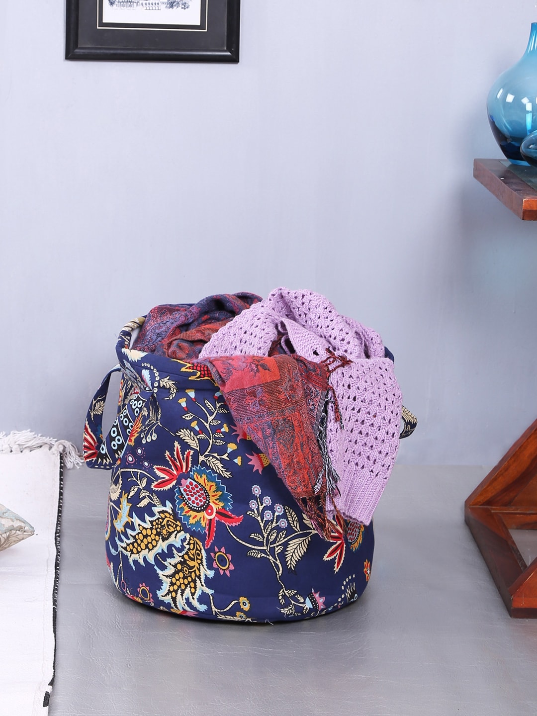 Rajasthan Decor Blue & Multicoloured Printed Foldable Laundry Bag Price in India