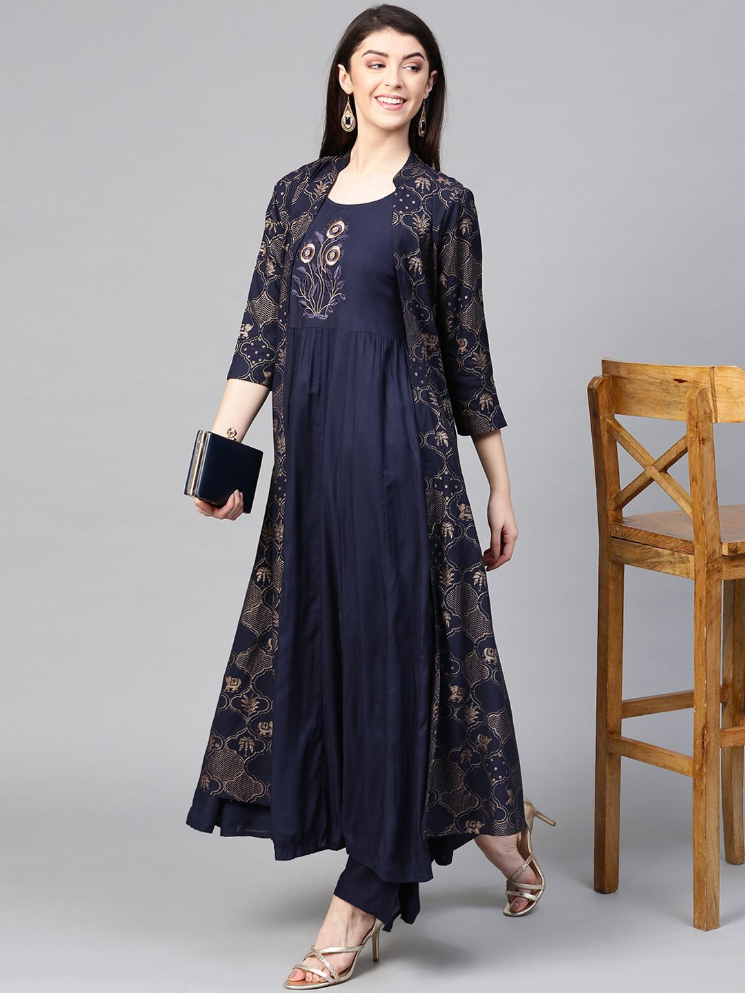 Ishin Women Navy Blue Printed Kurta with Palazzos and Jacket Price in India